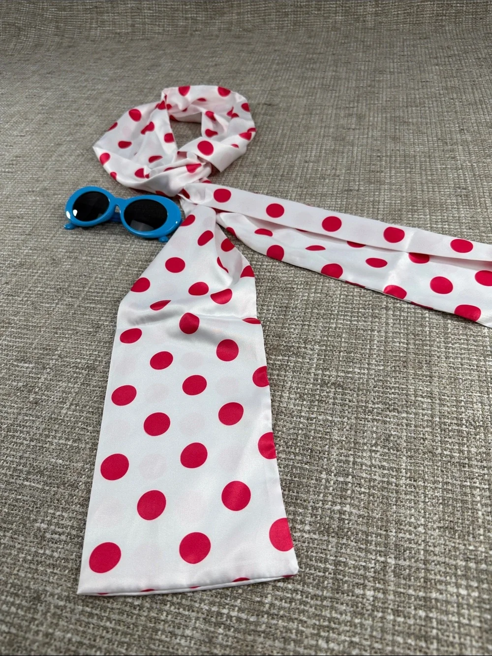 Polka Dot Hair Scarf - Pink on White and blue frame sunglasses 80’s 90’s Ya2K